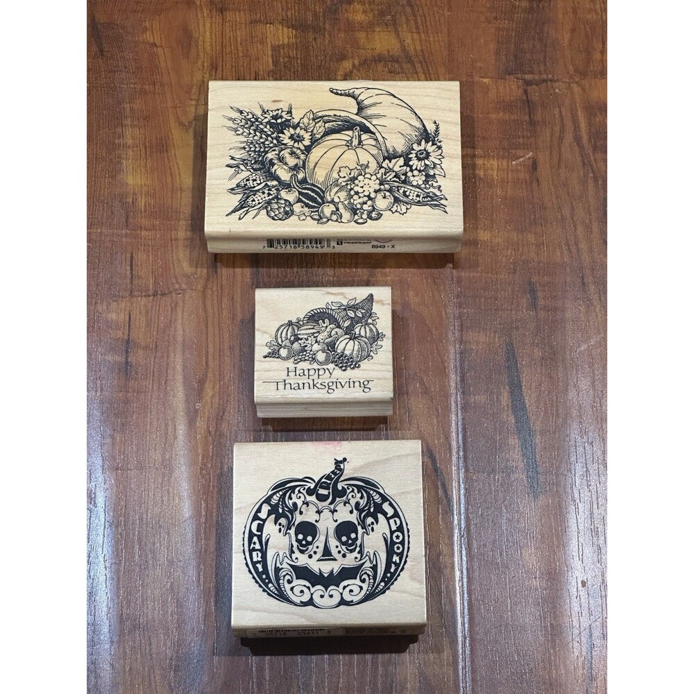Lot of (3) Harvest Thanksgiving Halloween Pumpkin Themed Rubber Stamps